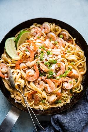 Bang Bang Shrimp Pasta in a pan with cream sauce