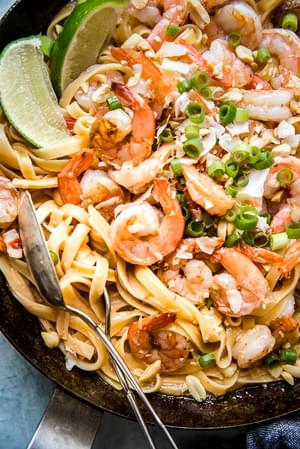 Bang Bang Shrimp Pasta in a pan with cream sauce