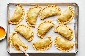 uncooked beef empanadas on a baking sheet being brushed with egg wash, preparing to bake