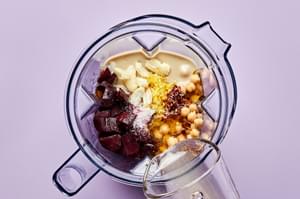 chickpeas, beets, tahini, olive oil, lemon zest & juice, red wine vinegar & spices in a blender to make beet hummus