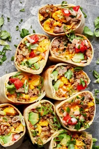 breakfast burritos sliced in half filled with potatoes, eggs, sausage, green onions, cheddar, avocado, salsa and cilantro
