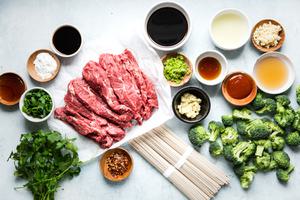 ingredients laid out for broccoli beef soba bowl buckwheat noodles cilantro soy sauce garlic