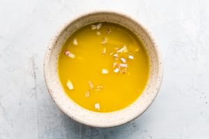 homemade vinaigrette with Olive oil, Dijon mustard, Lemon juice, Honey, Shallots