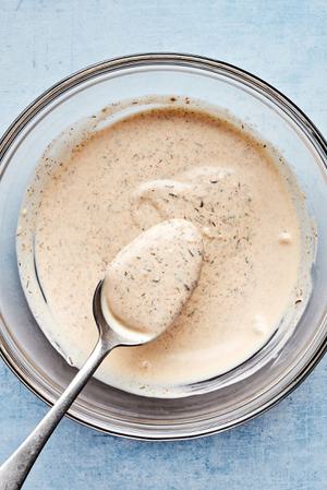 sauce made with mayonnaise, sour cream, vinegar, mustard, caraway seeds, dill, paprika, sugar, and garlic