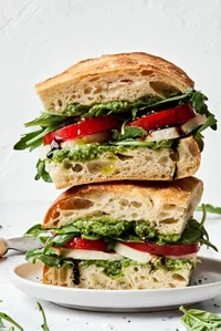 2 caprese sandwiches stacked on top of each other made with focaccia, pesto, mozzarella, tomato, arugula, and balsamic glaze