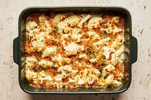 cauliflower au gratin made with milk, Parmesan, Gruyère, butter, spices, shallot, fresh garlic and breadcrumbs