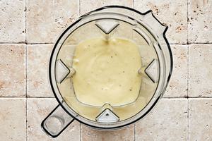 pear, olive oil, vinegar, honey, salt, pepper, and lemon juice blended together in a blender