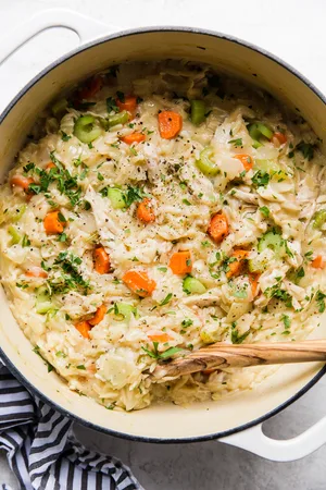 chicken orzo pasta in a soup pot