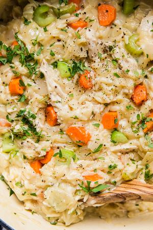 close up of creamy orzo soup