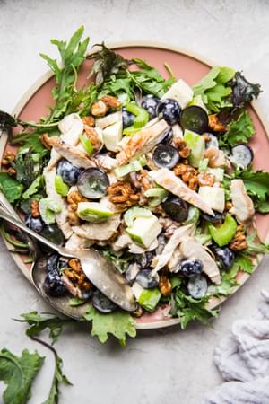 chicken waldorf salad with lettuce, chicken, grapes and celery