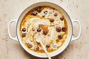 mushrooms, onion, garlic, thyme, bay leaves, nutmeg, butter and flour cooking in a pot