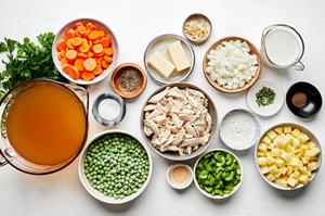 sliced carrots, celery, onion, butter, peas, potatoes, chicken, stock, milk, spices and fresh herbs in prep bowls
