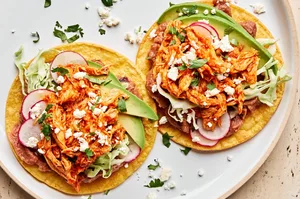 chicken tinga served on corn tortillas topped with shredded cabbage, radishes, cotija and sliced avocado