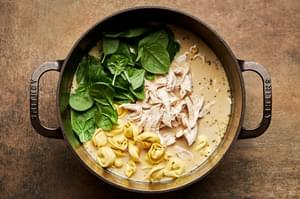 chicken, tortellini, chicken broth, cream, parmesan, spinach, pepper, salt, paprika and italian seasoning in a pot