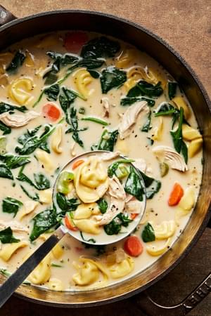 a pot of chicken tortellini soup made with cream, parmesan, spinach, pepper, salt, paprika and italian seasoning