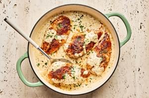 Chicken breasts in a skillet, smothered in a creamy mustard sauce and garnished with parsley.