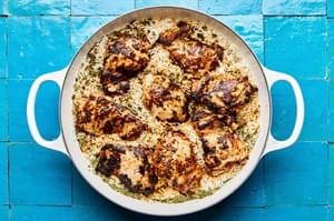 cilantro lime chicken and rice cooking in a skillet