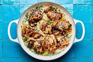 cilantro lime chicken and rice cooking in a skillet