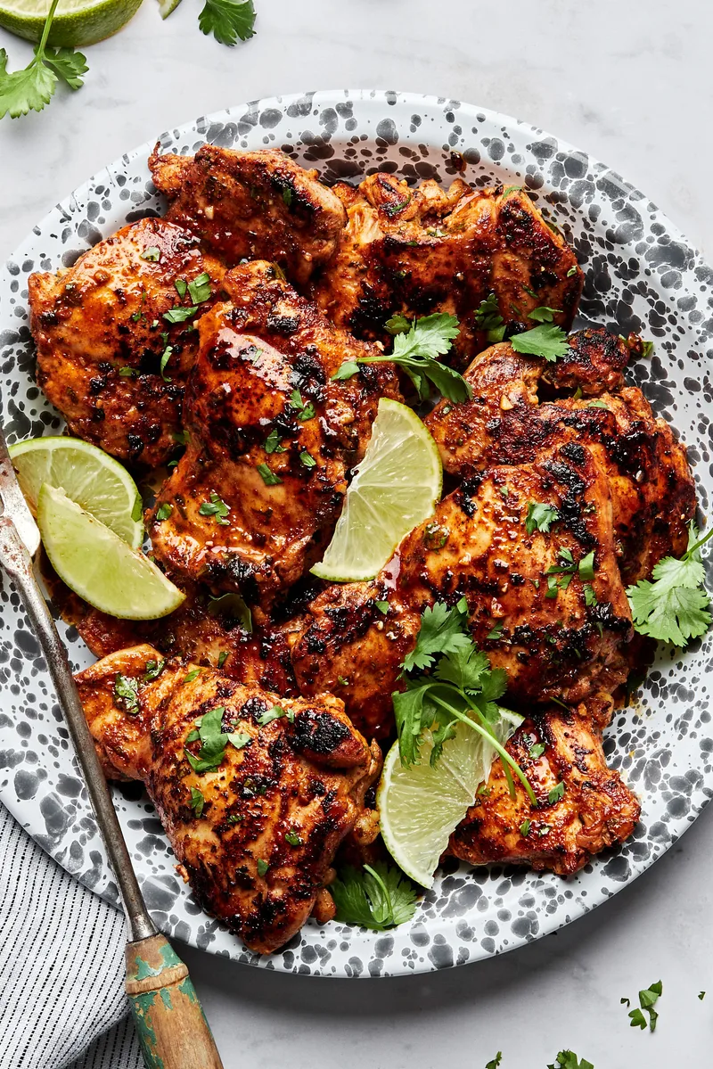 cilantro lime chicken thighs on a serving platter garnished with cilantro and lime wedges