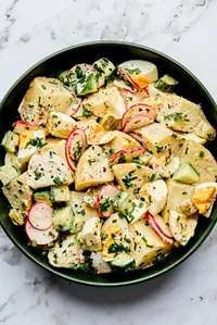 a bowl of homemade classic potato salad made with chives, parsley, cucumbers, pickles, eggs and radishes