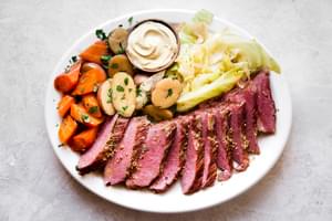 sliced Corned beef with cabbage and potatoes on a plate