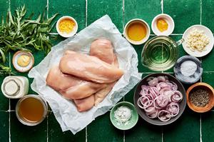 ingredients for tarragon chicken including chicken breasts, dijon, white wine, cream tarragon, salt, shallots, chicken stock