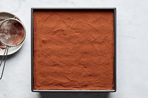 A pan of easy tiramisu with layers of creamy mascarpone, coffee-soaked ladyfingers, and cocoa powder.