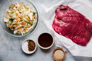 flank steak, asian salad, sesame seeds, hoisin, Chinese five spice