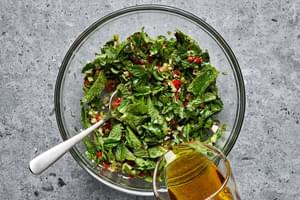 mint chutney made with green onions, mint, cilantro, garlic, ginger, garam masala, chiles, brown sugar, salt & vinegar