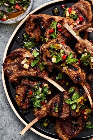 Garam Masala Grilled Lamb Chops with Mint Chutney on a serving platter