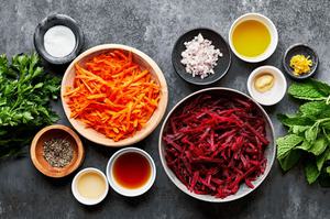 grated beets, grated carrots, parsley, mint, olive oil, sherry vinegar, dijon, honey, lemon zest, salt and pepper