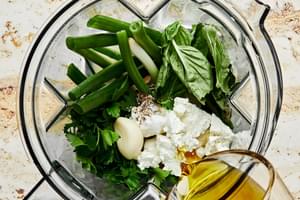 goat cheese, olive oil, fresh herbs, fish sauce, lemon juice, pepper & salt in a blender to make green goddess dressing