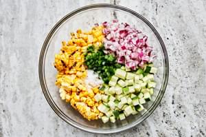 corn kernels, diced zucchini, chopped red onion, minced jalapeño, lemon juice and salt in a bowl