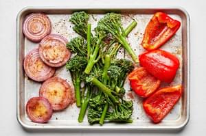 bell peppers, broccolini, and red onion tossed with olive oil and taco seasoning