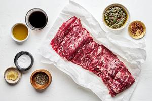 2 pounds skirt steak, salt, pepper, olive oil, tamari, garlic, red pepper flakes and chimichurri prep bowls