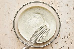 creamy yogurt dressing made with Greek yogurt, Mayo, olive oil, garlic, lemon juice, dill, granulated garlic, salt & pepper