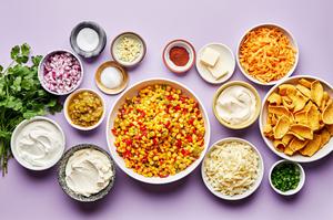 mexicorn, cheese, mayo, sour cream, cream cheese, butter and spices in prep bowls to make hot corn dip