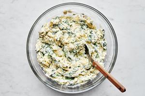 cream cheese, mayo, Parm, garlic, basil, garlic powder, salt, artichoke hearts, spinach & mozzarella combined in a bowl