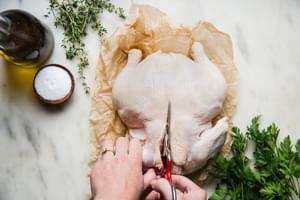 hands cutting the back bone out of a whole chicken on parchment paper with salt, olive oil, thyme and parsley