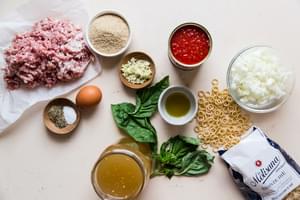 Ingredients for Italian meatball soup pasta, basil, stock, onion, pork, garlic, tomatoes