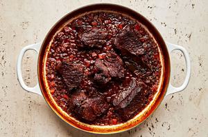 roast pieces in a pot with pancetta, onion, carrots, celery, red wine, garlic, spices red wine