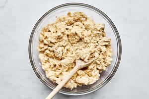 oat scone dough in a bowl made with  butter, flour, baking soda, baking powder, salt, sugar, yogurt and oats