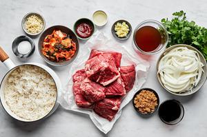Chuck Roast, salt, oil, onion, garlic, ginger, brown sugar, tamari, beef stock and gochujang paste in prep bowls
