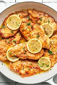 lemon butter chicken in a pan topped with fresh lemon slices and sprinkled with fresh parsley