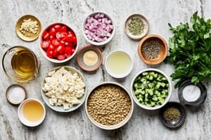 lentils, cucumber, tomato, red onion, garlic, parsley, lemon juice, feta, olive oil, vinegar & spices in prep bowls