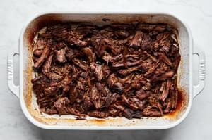 shredded Margarita Beef, browned and slightly crispy from the broiler.