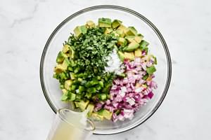 Avocado salsa being prepared with fresh ingredients in a bowl—avocado, cilantro, red onion, jalapeño, salt & lime juice