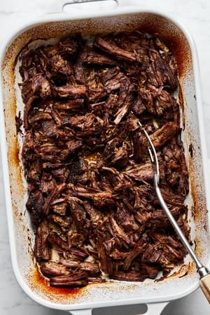 shredded Margarita Beef, browned and slightly crispy from the broiler.
