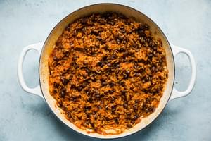 Mexican rice in a pot with black beans