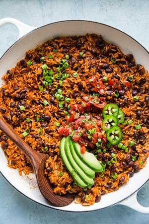 Mexican brown rice with black beans avocado and salsa